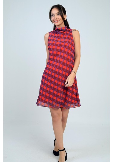 Kadın Degaje Yaka Astarlı Desenli Kısa Şifon Elbise-41773 Mor