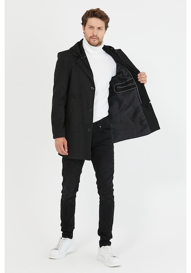 Erkek Antrasit Yün Karışımlı Kaşe Kapüşonlu Önü Fermuarlı Kaban Antrasit