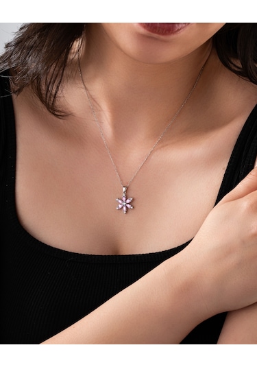 925 Ayar Pembe Kuvars Taşlı Rodyum Lotus Çiçeği Gümüş Kolye Rn10304 Gümüş