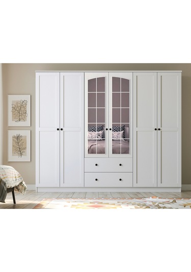Side Rose 6 Kapak 2 Çekmece Aynalı Mega Gardırop Beyaz