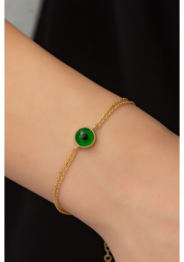 Yeşil Göz Bileklik Altın Kaplama 925 Ayar Gümüş Zincirli