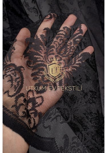 Damask Desen Siyah Örme Tül Perde 1012