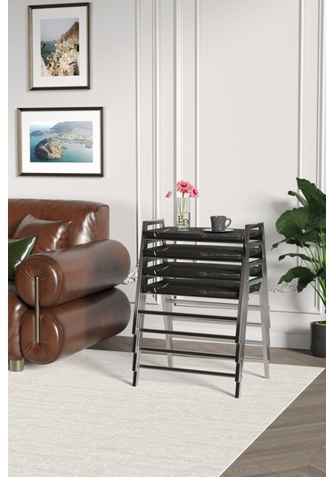 Zigon Sehpa , Aden 4'lü Tepsi Zigon Sehpa Takımı Gümüş Metal - Siyah Mermer Tabla Gümüş-siyah Mermer