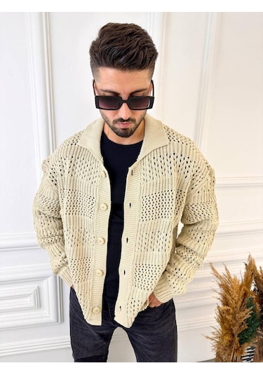 Elku Moda Hırka Oversize Özel Örgülü Triko Desenli Salaş Örgü Hırka Krem