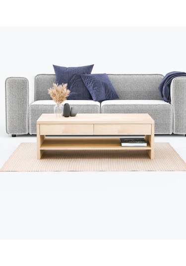 Masif Ağaç Çekmeceli Ve Raflı Orta Sehpa 120 X 60 Naturel Ahşap