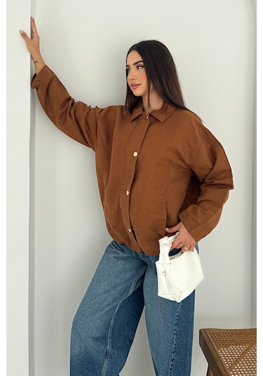 Kadın Fermuarlı Altın Düğmeli Mont Structured Style Taba