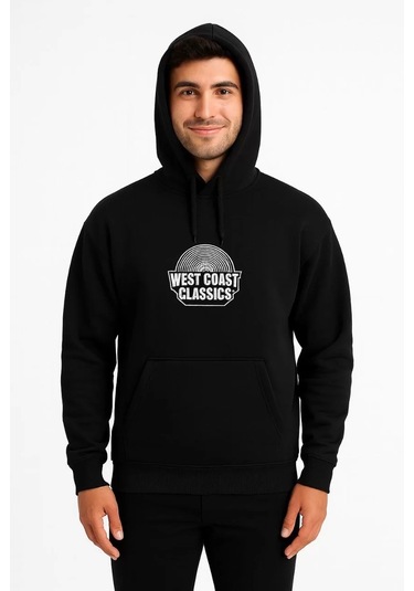 Erkek Üç İplik Kapüşonlu Ön Ve Arka Baskılı Sweatshirt Hoodie - Siyah Siyah