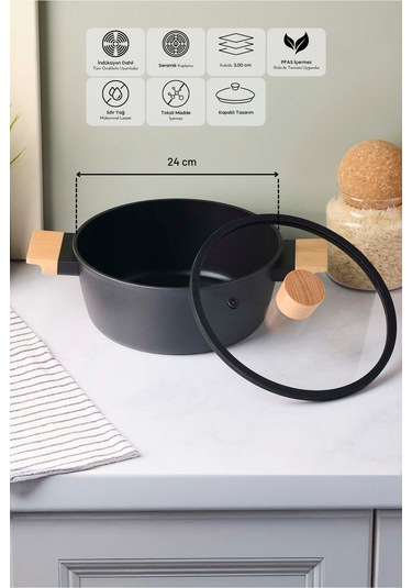 Cookwood Black İndüksiyon Tabanlı Ahşap Kulplu Kapaklı Seramik Derin Tencere 24 Cm Sıyah Siyah