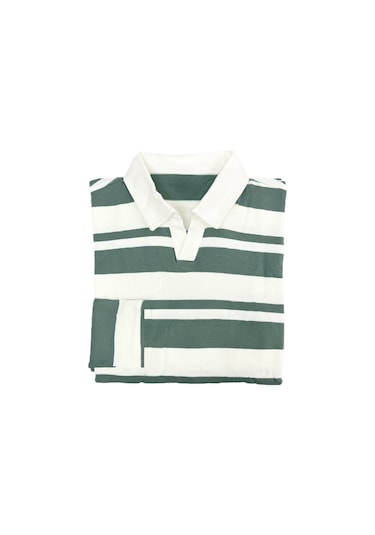 Fazra Polo Yaka Çizgili Triko Kazak 2025 Açık Yeşil