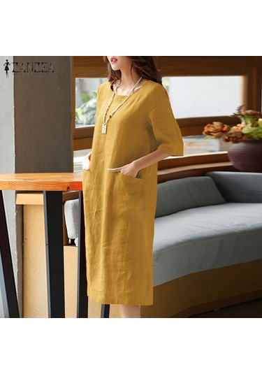 Zanzea Pamuk Keten Elbise Kadın Yaz Rahat O-boyun Yarım Kollu Elbise Haki