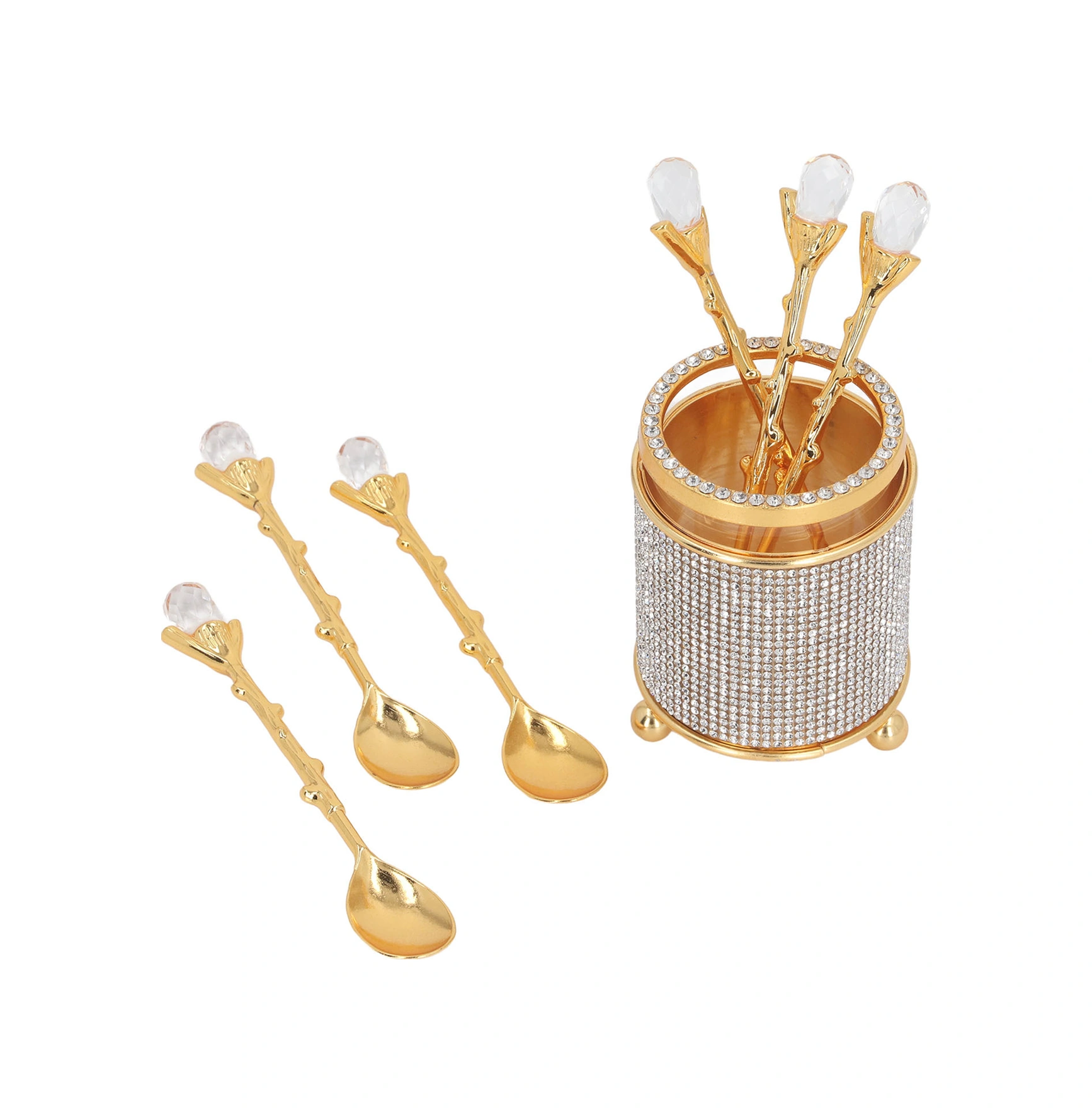 Wezone Altın Renkli 6 Adet Çay/kahve Kaşığı, Zirkonlu Cam Depolama Kova Seti - Dondurma, Tatlı, Şeker Karıştırma İçin Pratik Tabak Takımı Diğer