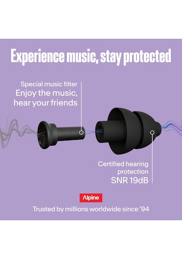 Alpine Partyplug Müzik Kulak Koruma Tıkaçları, 19 Db Gürültü Azaltma Siyah