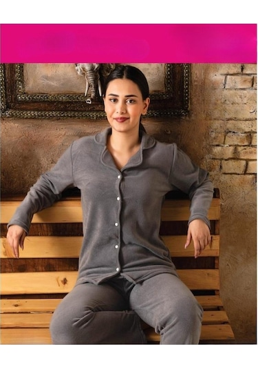 Sude Kadın Gömlek Yaka Polar Pijama Takımı M922 - 1 Adet 001