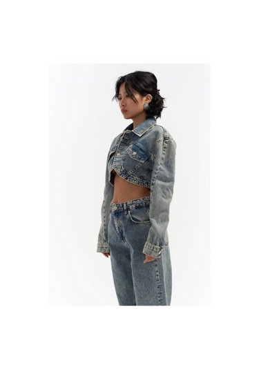 Mai Collection Mai Studios Co. Cali Çapraz Detay Kirli Yeşil Crop Jean Ceket Mavi