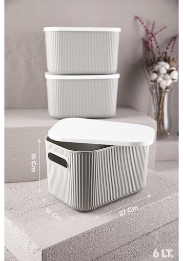 Bayev 3 Adet Storage 6lt Gri Düzenleyici Saklama Kutusu Oyuncak Hobi Kapaklı Dekoratif Kutu Çok Renkli