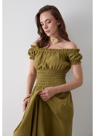 Haki Büzgülü Elbise - 2002 Haki