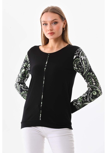 Sistas Kadın Kolları Desenli Uzun Kol Bluz 23320 Siyah