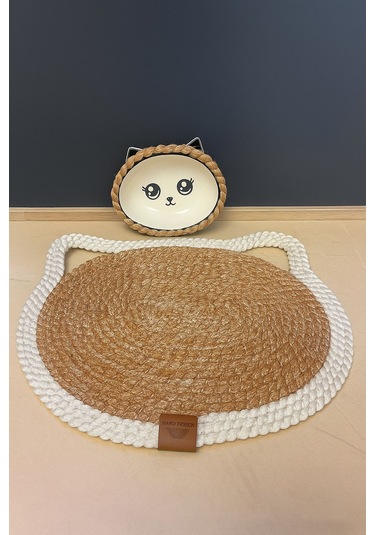 Pet - Hasır Görünümlü Kedi Paspası Ve Mama Kabı - Leke Tutmaz