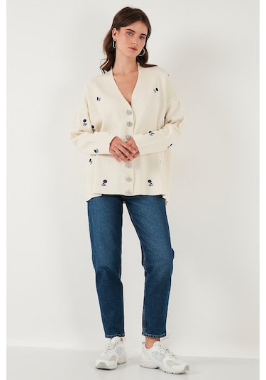 Lela Oversize Fit Desenli V Yaka Triko Bayan Hırka 4616193 Krem-Saks