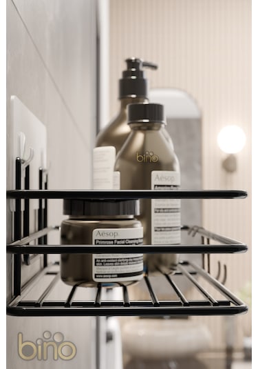 Bino 2li Set Banyo Düzenleyici Şampuanlık Mat Siyah Yapışkanlı 4 Askılı Duş Rafı Paslanmaz Organizer Siyah