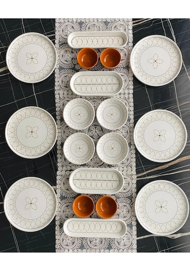 Venüs Home Gold Elips 6 Kişilik 18 Parça Kahvaltı Takımı Beyaz - Turuncu
