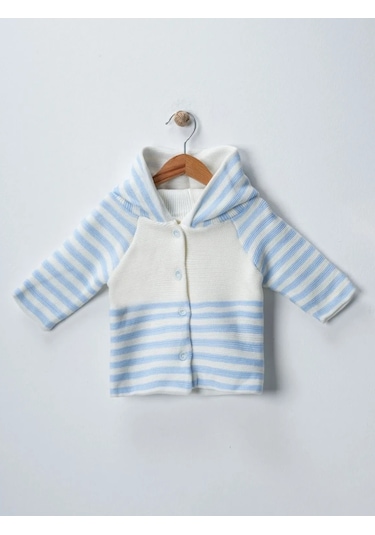 Örgü Kapşonlu Çizgili Çift Kat Hırka Taş