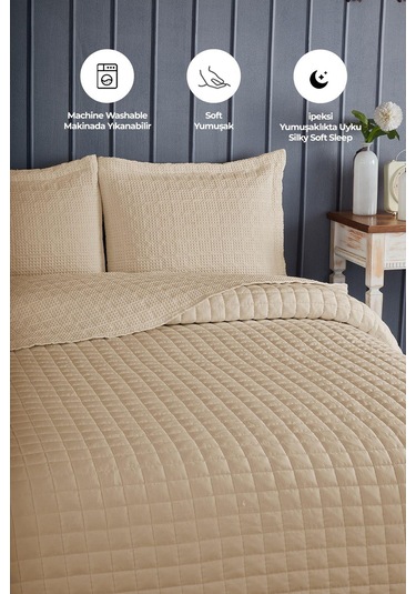 Evlen Home Joy Pamuklu Yatak Örtüsü Seti Çift Kişilik 3 Parça Elyaf Dolgulu Yumuşak Günlük Yıkanabilir Bej