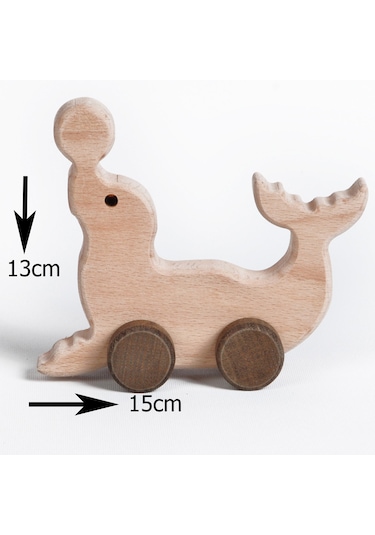 Ahşap El Yapımı Doğal Montessori Yunus Balığı Tekerlekli Oyuncak