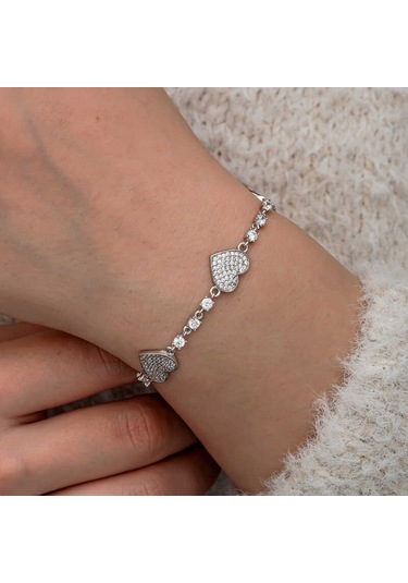 Artsmagazinmücevher Gümüş Zirkon Taşlı Sıralı Kalp Kadın Bileklik