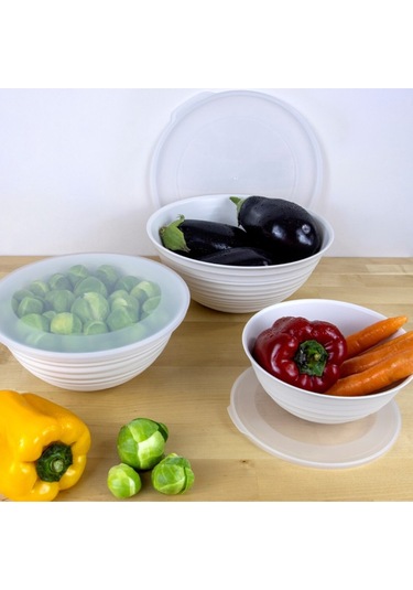 Ceronni Galaksi Desenli Kapaklı Kase 3lü Set 3lt 2lt 1lt Beyaz Beyaz