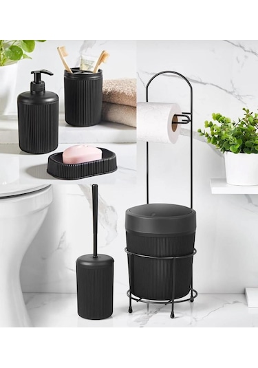 6 Parça Banyo Seti Çöp Kovalı Tuvalet Kağıtlığı-tuvalet Fırçası-sıvı Ve Katı Sabunluk-diş Fırçalık Siyah
