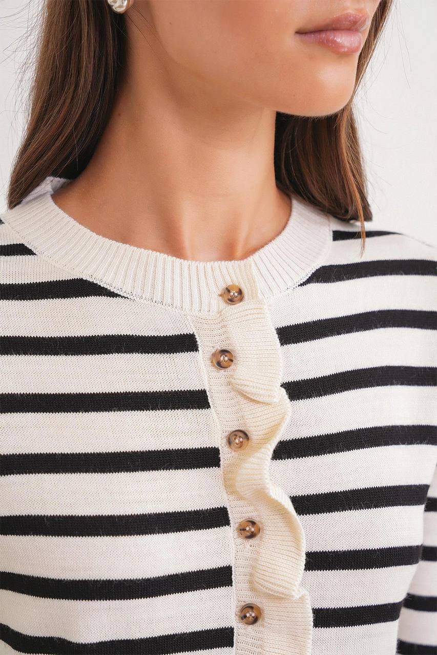 6965 Kadın Fırfır Detaylı Çizgili Triko Hırka Naturel Naturel