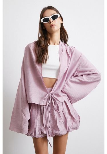 Geniş Kol Önden Bağlamalı Bluz Lila LILA