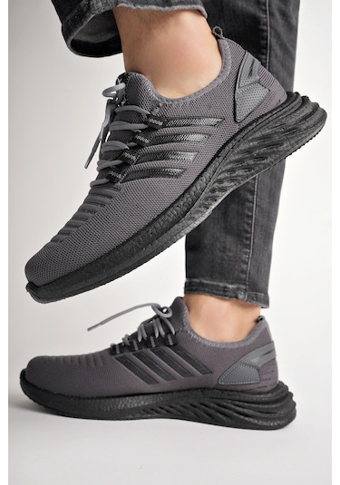Muggo Montag Garantili Günlük Ortopedik Kaymaz Taban Bağcıklı Çizgili Erkek Sneaker Spor Ayakkabı Füme