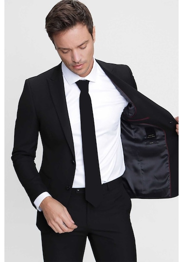 Morven Erkek Basic Düz Slim Fit 3lü Takım Elbise Slim Fit - 542408291 - Siyah