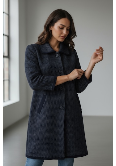 Kadın Önü Düğmeli Cepli Yakalı Kalın Triko Hırka Lacivert