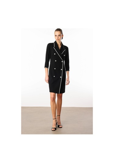 Moda İlgi Kadın Taş Şeritli Kruvaze Elbise 0005 Siyah Siyah