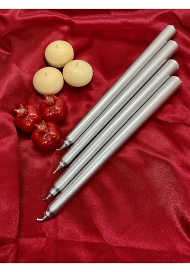 4 Adet Gümüş Varaklı Gri Renk Silindir Konik Şamdan Mumu Sedefli Silver Uzun Ince Konik 4'lü