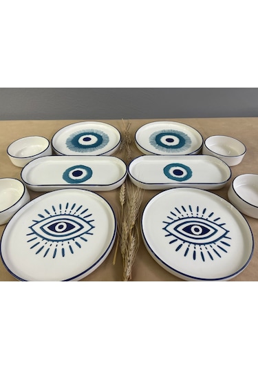 Kevin Seramik 14 Parça 6 Kişilik Nazar Boncuklu Stackable Kahvaltı Takımı&Lüx Sunum Tabakları Mavi Beyaz