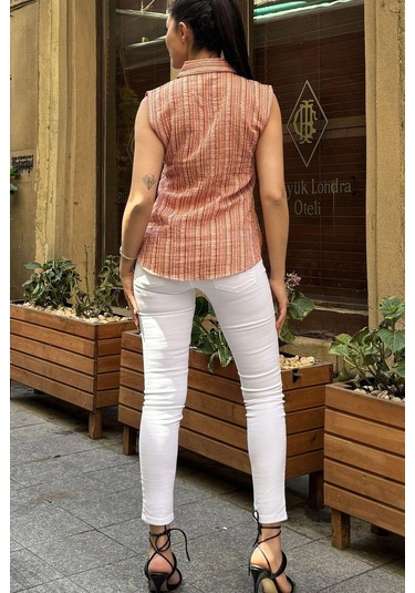 Kadın Bordo Çizgili Desen, Dokulu Bodrum Kumaş, Kolsuz Rahat Gömlek Bordo