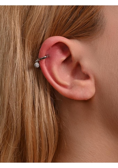 Gümüş Yuvarlak Figür Zirkon Taş Çelik Piercing Tragus Helix Kıkırdak Küpesi-0vp165