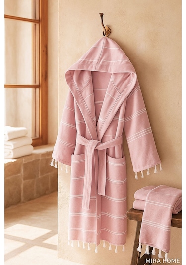 Kapüşonlu Kadın / Erkek Peştemal Bornoz Soft %100 Pamuklu Natural Pembe