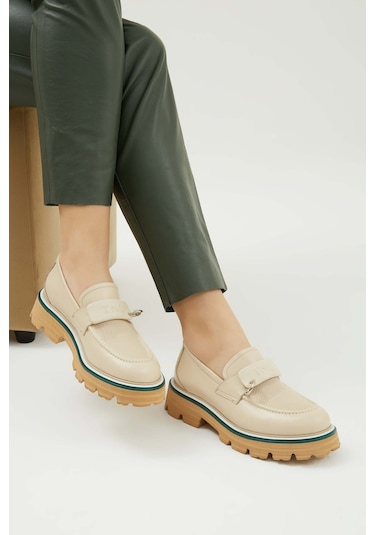 Tamer Tanca Kadın Hakiki Deri Bej Loafer Ayakkabı 33 1025 Bn Ayk Y23 Bej Dr Bej