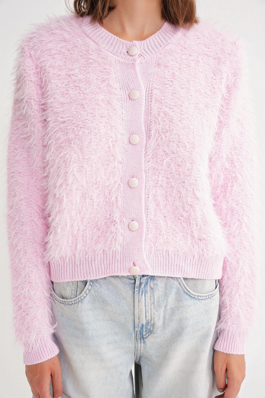 6897 Kadın Uzun Sakallı Bant Detaylı Triko Hırka Pembe Pembe