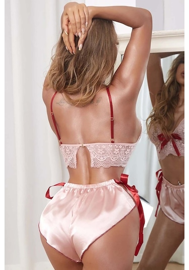 Merry See Dantelli Saten Şortlu Takım Pembe