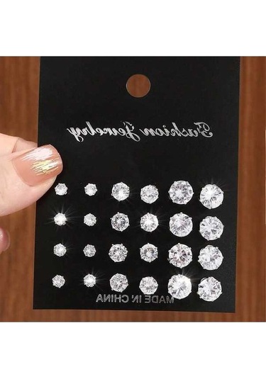 Flybuy 12'li Zirkonlu Gümüş Küpeler: Şık, Parlak, Çiftlere Özel, 4-6mm, 1.5cm Gümüş