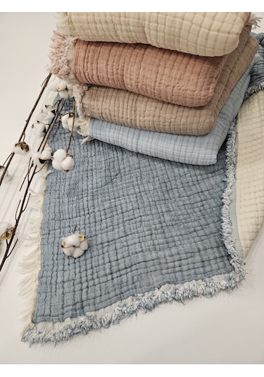 Gidia Denim Mavi 7 Katlı Çift Taraflı Dolgulu Müslin Bebek - Çocuk Battaniyesi Pamuk 110 x 110 CM Mavi
