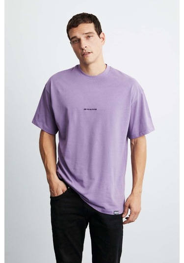 GRIMELANGE Rıver Erkek Oversize Fit Bol Kesim Nakış Işlemeli Basic Örme Mor T-shirt Mor