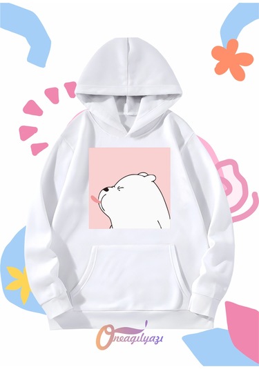 Çocuk Unisex Dil Çıkaran Köpek Baskılı Oversize Kapüşönlü Sweatshirt BEYAZ