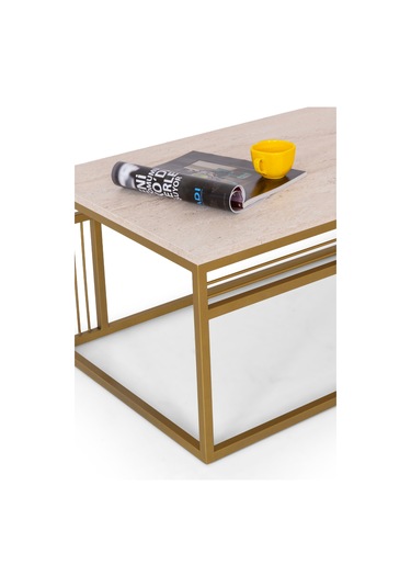 Milano Lüks Orta Sehpa Metal Ayaklı Traverten Üst Tablalı Dikdö Altın